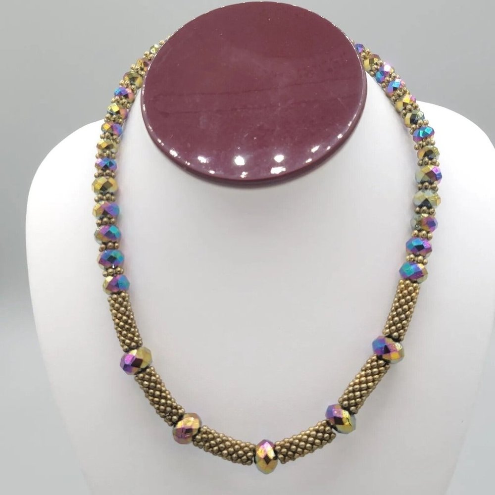 Womens Jewelry Gold Tone Mesh Chain Fashion Necklace AB Multicolor Beads 15 in